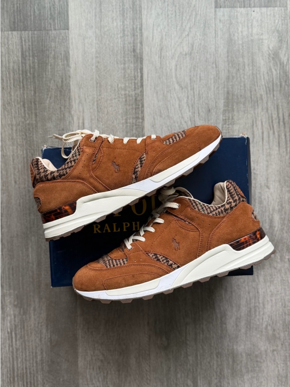 Ralph Lauren Men’s Tan Suede Sneakers with Houndstooth Trim